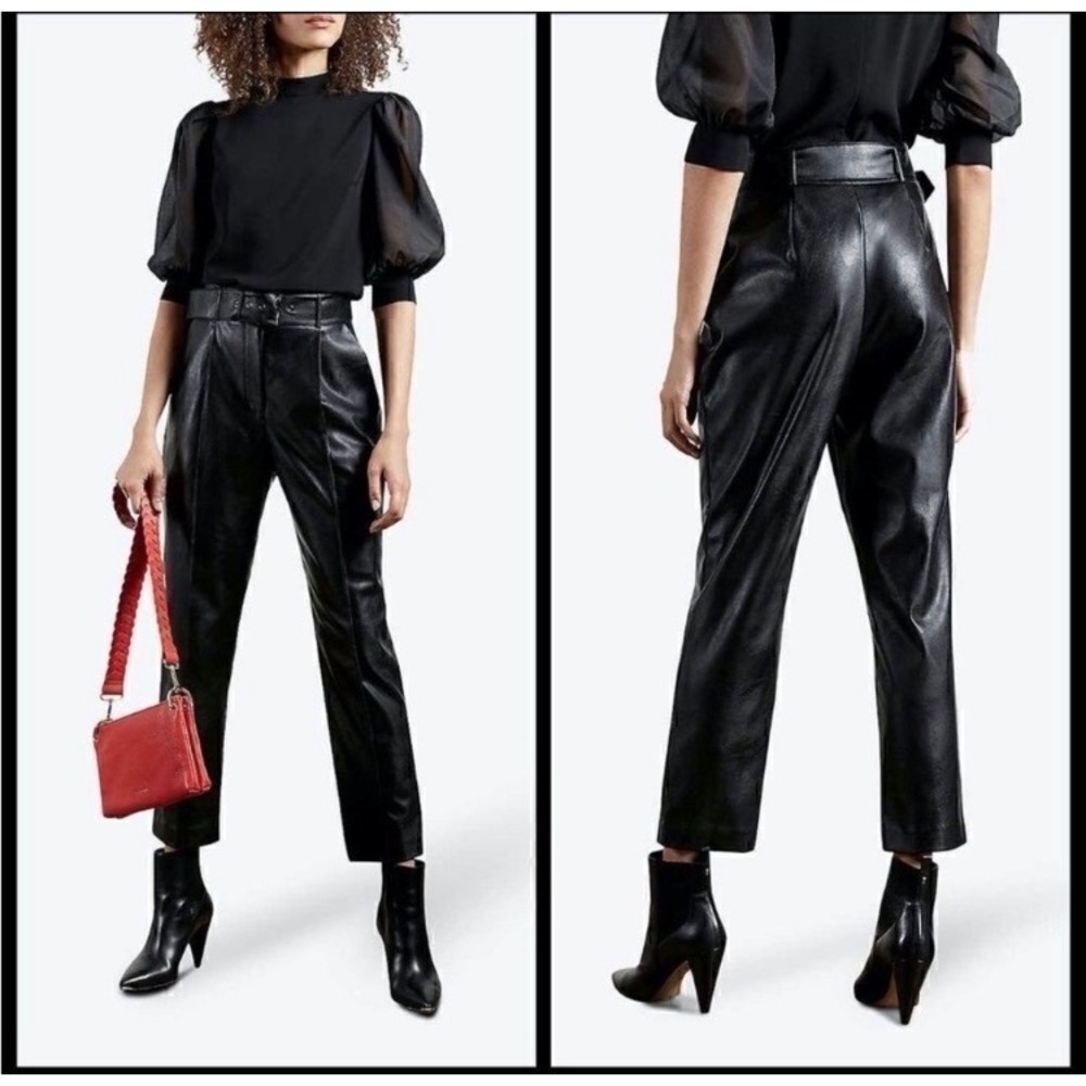 Ted Baker Belt Detail Leather Like Pants Womens 4 Black High Rise Biker Chic NWT
